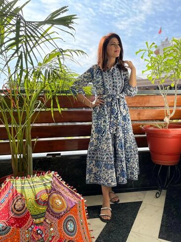 Floral Print Midi Dress with Belt, Blue and White in Saudi Arabia
