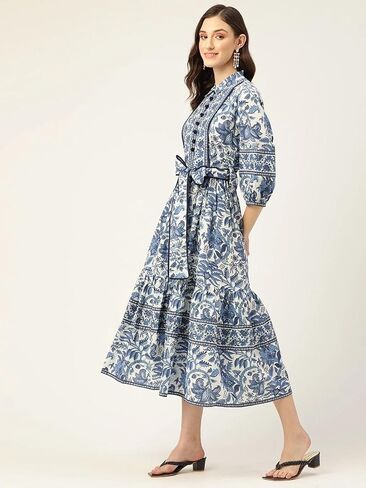 Floral Print Midi Dress with Belt, Blue and White in Saudi Arabia