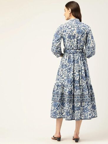 Floral Print Midi Dress with Belt, Blue and White in Saudi Arabia