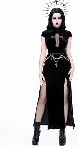 Women Gothic Dark Vampire Style Criss-Cross Cutout High Slit Bodycon Goth Dress Without Belt in Kuwait