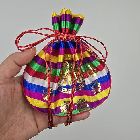 Korean Saekdong Bokjumeoni Pouch, Traditional Drawstring Lucky Bag with Gold Foil Pattern, Small Fabric Gift Pouch for Coins, Jewelry, and Keepsakes, Made in Korea in Saudi Arabia