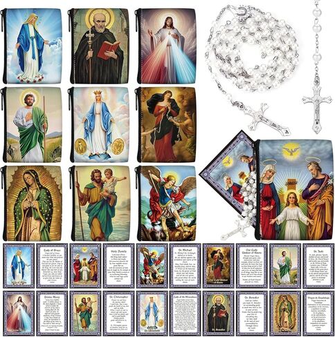 Quelay 10 Set Catholic Rosary Pouch with Rosary Beads Necklace and Saint Prayer Cards Set Catholic Prayer Beads Bag with Zipper for Party Religious First Communion Christian Gifts in Saudi Arabia