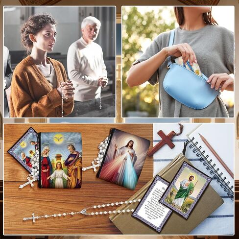 Quelay 10 Set Catholic Rosary Pouch with Rosary Beads Necklace and Saint Prayer Cards Set Catholic Prayer Beads Bag with Zipper for Party Religious First Communion Christian Gifts in Saudi Arabia