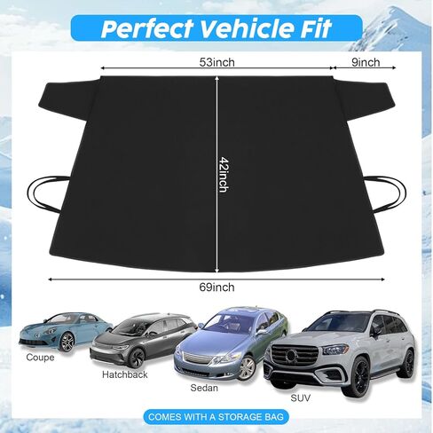 Windshield Cover for Ice and Snow Heavy Duty 600d Oxford Fabric Windshield Protector for Cars Suvs Trucks Secure Fit Waterproof Frost Cover for Winter Car Accessories, Black, 69"x42" in Saudi Arabia