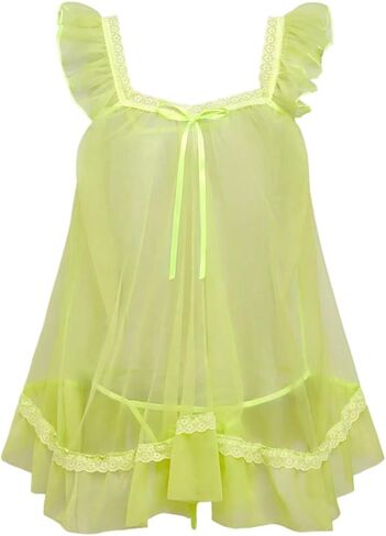 Women's 2 Piece Lace Mesh Babydoll Lingerie Set Sheer Chemise Nightgowns with Thongs Sleepwear in Saudi Arabia