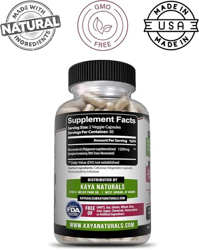 Kaya Naturals - كبسولات ريسفيراترول - مكمل مضاد للشيخوخة - مضادات الأكسدة مع دعم الدماغ - الحد الأقصى من الفوائد - 30 كبسولة نباتية in Kuwait