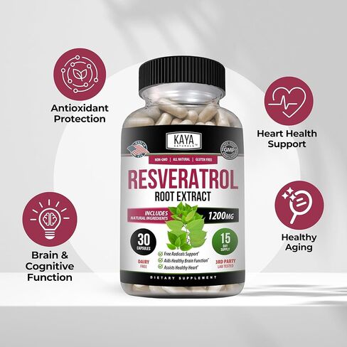 Kaya Naturals - كبسولات ريسفيراترول - مكمل مضاد للشيخوخة - مضادات الأكسدة مع دعم الدماغ - الحد الأقصى من الفوائد - 30 كبسولة نباتية in Kuwait