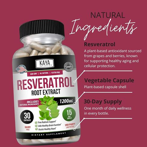 Kaya Naturals - كبسولات ريسفيراترول - مكمل مضاد للشيخوخة - مضادات الأكسدة مع دعم الدماغ - الحد الأقصى من الفوائد - 30 كبسولة نباتية in Kuwait