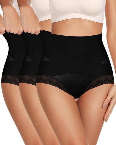 ملابس داخلية نسائية عالية الخصر للتحكم في البطن من MEIYATING، ضغط ما بعد الولادة، سراويل داخلية من الدانتيل بتغطية كاملة، 3 عبوات in Kuwait