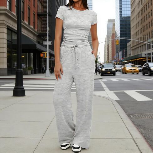 1 Set Women's Casual Sportswear Set, High-waisted Wide-leg Pants Tracksuit, Short-sleeved Fitted Top And Pants in Saudi Arabia