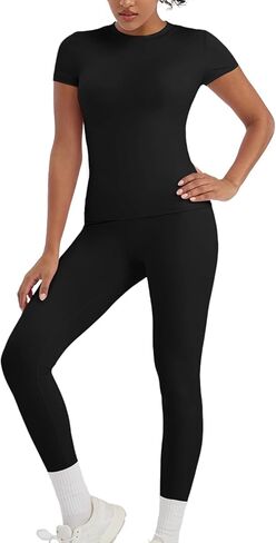YZMJAFU Women‘s Yoga Sets, 2 pcs Seamless Athletic Pants Set for Women, Stretch Yoga T-Shirt and High Waisted Yoga Leggings in Saudi Arabia