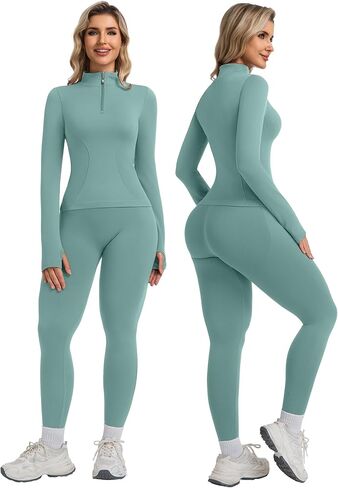 YOAKUKA Womens 2 Piece Workout Sets Quarter Zip Pullover High Waist Butt Lifting Leggings Seamless Yoga Outfits Gym Sets in Saudi Arabia