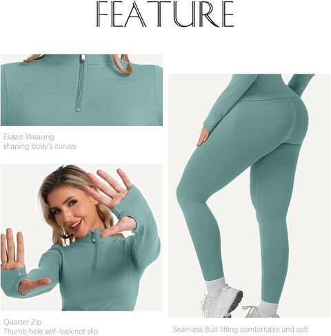YOAKUKA Womens 2 Piece Workout Sets Quarter Zip Pullover High Waist Butt Lifting Leggings Seamless Yoga Outfits Gym Sets in Saudi Arabia
