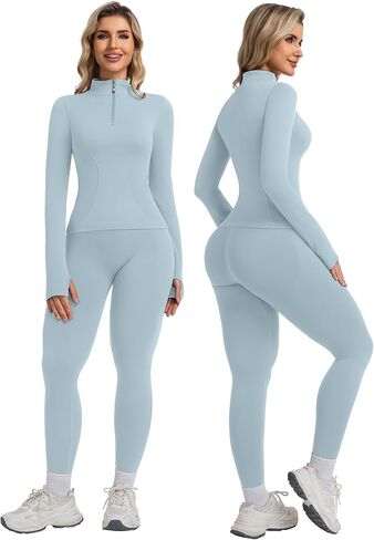 YOAKUKA Womens 2 Piece Workout Sets Quarter Zip Pullover High Waist Butt Lifting Leggings Seamless Yoga Outfits Gym Sets in Saudi Arabia