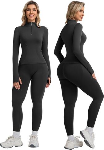 YOAKUKA Womens 2 Piece Workout Sets Quarter Zip Pullover High Waist Butt Lifting Leggings Seamless Yoga Outfits Gym Sets in Saudi Arabia