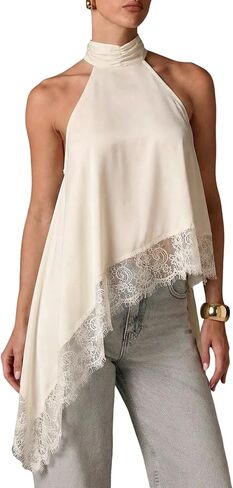 Yimoon Halter Tops for Women Y2k Mock Neck Sleeveless Top Lace Asymmetrical Hem Going Out Tank Tops in Saudi Arabia