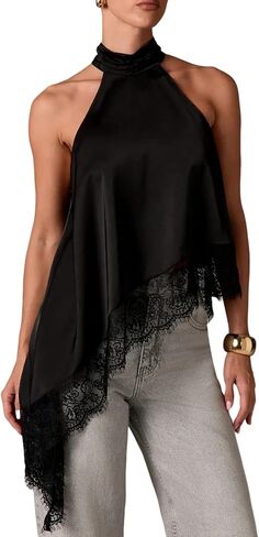 Yimoon Halter Tops for Women Y2k Mock Neck Sleeveless Top Lace Asymmetrical Hem Going Out Tank Tops in Saudi Arabia