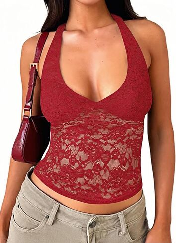 قميص نسائي دانتيل هالتر للخروج برقبة على شكل V قصير بدون ظهر بدون أكمام Y2k قميص جذاب مثير صيفي عصري 2026 in Kuwait