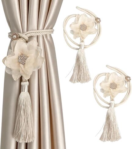 3D Flower Curtain Tiebacks, 2PCS Green Adjustable Fabric Holdbacks for Window Drapery, Summer Elegant Bedroom Home Decor & Sheer Curtain Decoration in Saudi Arabia