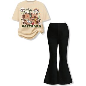 توين بنات 2 قطعة ملابس قصيرة الأكمام الكرتون تي شيرت وسراويل واسعة ملابس الاطفال حجم 8-13Y in Kuwait