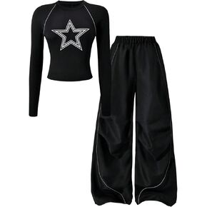 Girl's Two Piece Outfit Star Print Tee Top Wide Leg Baggy Pants Contrast Piping Clothing Set in Saudi Arabia