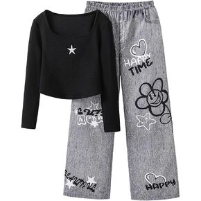 طقم ملابس بناتي مكون من قطعتين بأكمام طويلة ورقبة مربعة وبنطلون جينز مستقيم الساق من قماش الدنيم لعمر 8-12 سنة in Kuwait