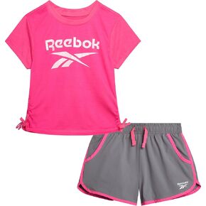 طقم شورت للفتيات من ريبوك - قطعتين تي شيرت بأكمام قصيرة وشورت رياضي منسوج ناعم - ملابس رياضية صيفية للبنات (7-12) in Kuwait