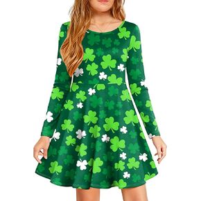 فستان VVNTY St Patricks Day للفتيات: فساتين طباعة شامروك للفتيات على شكل حرف A فستان كاجوال للعطلات 5-12 سنة in Kuwait