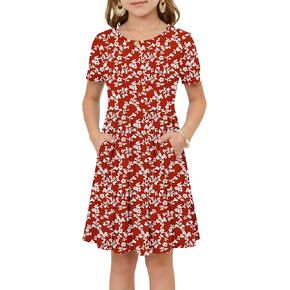 فستان بناتي صيفي قصير الأكمام للأطفال، كاجوال برقبة دائرية، بطيات، فضفاض، على شكل حرف A، طول الركبة، لطيف مع جيوب in Kuwait