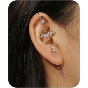 Ear Wrap Hook Earrings for Women Fashion Ear Cuff Crawler Earrings Silver Gold Long Piercing Crystal Curve Style Earring Stick Ear Wrap Earring Rhinestone Trendy Jewelry Gifts in Saudi Arabia