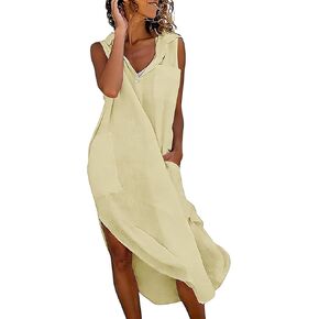 فستان من الكتان للنساء، فساتين قميص طويلة متموجة، طية صدر السترة، بدون أكمام، فتحة جانبية، مع جيب، ملابس الشاطئ in Kuwait