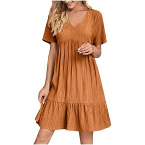 فساتين الصيف من JIEMUXIU للنساء 2026 فستان غير رسمي بأكمام قصيرة وفتحة رقبة على شكل V مطوي وكشكش فستان فضفاض ملابس عطلة الشاطئ in Kuwait