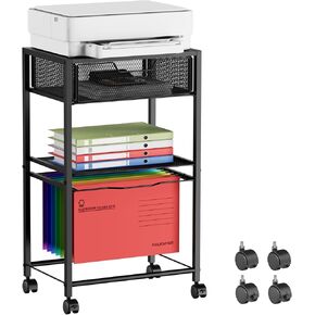 Small Printer Stand, Side Table for Printer, Under Desk Storage Organizer, 3 Tier Hanging File with Wheels, for Office, Home, Black in Kuwait