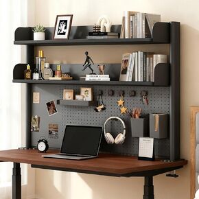 منظم رف مكتب بمشبك مع لوح بيجبورد للمكتب مع رف تخزين ورف للمكتب ورف منظم متعدد الأغراض وأرفف سطح المكتب باللونين الأبيض والأسود وأرفف المكتب (أسود، عرض - 23.6 بوصة) in Kuwait