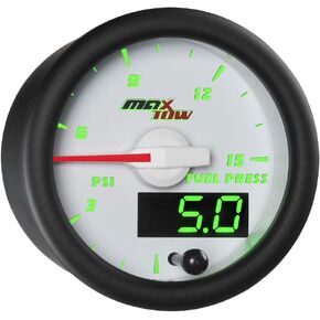 MaxTow Double Vision 15 PSI Fuel Pressure Gauge Kit - Includes Electronic Sensor - White Gauge Face - Green LED Illuminated Dial - Analog & Digital Readouts - 2-1/16" 52mm in Kuwait