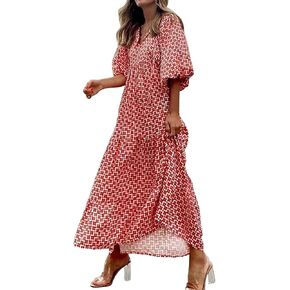 Women's Casual Loose Fit Boho Maxi Dress Summer V-Neck Half Sleeve Bohemian Puff Long Geometric Tiered Flowy in Saudi Arabia