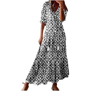 Women's Summer Boho Maxi Dress Short Sleeve Graphic Print Tassel V-Neck Ruffle Floral Printed Flowy A-Line in Saudi Arabia