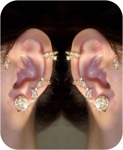 2PCS Ear Cuff Earrings for Women No Piercing Flower Climber Wrap Around Earrings Crawler Rhinestone Wrap Earring Fairy Ear Clip Jewelry Gifts in Kuwait