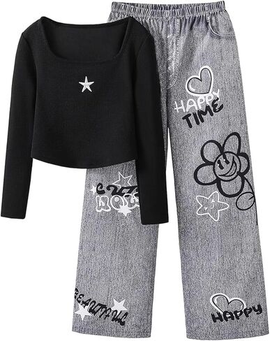 طقم ملابس بناتي مكون من قطعتين بأكمام طويلة ورقبة مربعة وبنطلون جينز مستقيم الساق من قماش الدنيم لعمر 8-12 سنة in Kuwait