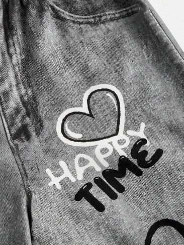 طقم ملابس بناتي مكون من قطعتين بأكمام طويلة ورقبة مربعة وبنطلون جينز مستقيم الساق من قماش الدنيم لعمر 8-12 سنة in Kuwait