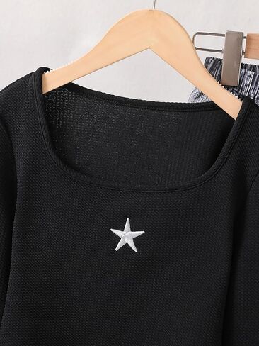 طقم ملابس بناتي مكون من قطعتين بأكمام طويلة ورقبة مربعة وبنطلون جينز مستقيم الساق من قماش الدنيم لعمر 8-12 سنة in Kuwait