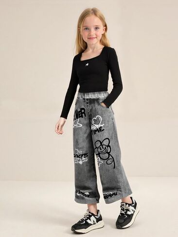 طقم ملابس بناتي مكون من قطعتين بأكمام طويلة ورقبة مربعة وبنطلون جينز مستقيم الساق من قماش الدنيم لعمر 8-12 سنة in Kuwait