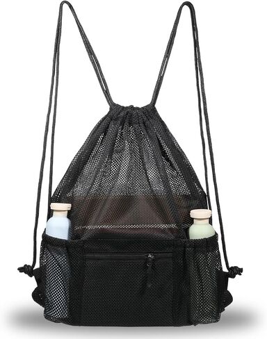 Mesh Drawstring Backpack Bag, Gym Sports Bags with Zipper Pocket, Large Mesh Drawstring Backpack, Swim Bag, Multifunction Bags for Beach, Swimming, Gym, Clothes, Travel (Black) in Saudi Arabia