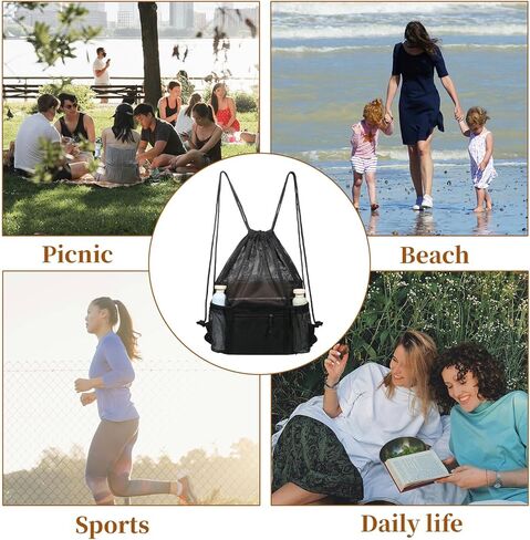 Mesh Drawstring Backpack Bag, Gym Sports Bags with Zipper Pocket, Large Mesh Drawstring Backpack, Swim Bag, Multifunction Bags for Beach, Swimming, Gym, Clothes, Travel (Black) in Saudi Arabia