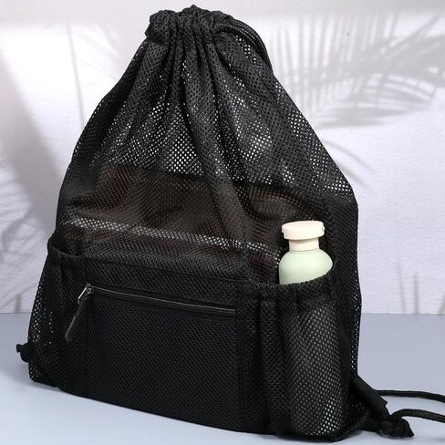 Mesh Drawstring Backpack Bag, Gym Sports Bags with Zipper Pocket, Large Mesh Drawstring Backpack, Swim Bag, Multifunction Bags for Beach, Swimming, Gym, Clothes, Travel (Black) in Saudi Arabia
