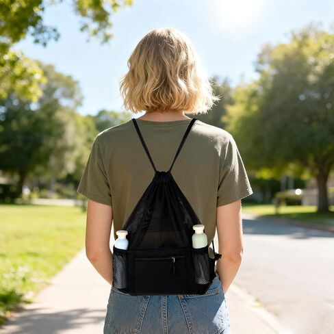 Mesh Drawstring Backpack Bag, Gym Sports Bags with Zipper Pocket, Large Mesh Drawstring Backpack, Swim Bag, Multifunction Bags for Beach, Swimming, Gym, Clothes, Travel (Black) in Saudi Arabia