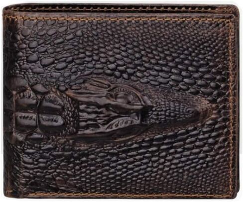 Genuine Leather Bifold Wallet with RFID Blocking, Slim Alligator Pattern Design, ID Window and Gift Box (Black) in Kuwait