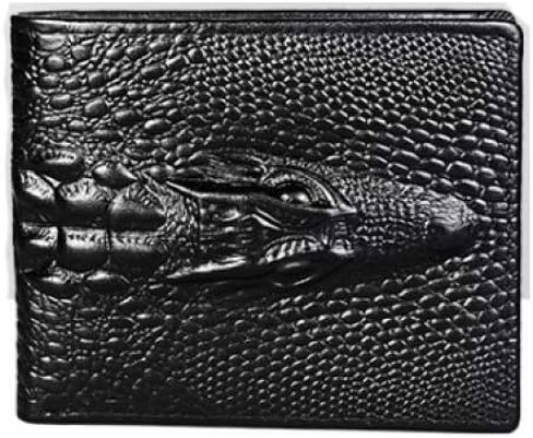 محفظة جلدية أصلية ثنائية الطي مع خاصية حجب RFID، تصميم نحيف بنمط التمساح، نافذة لبطاقة الهوية وصندوق هدايا (أسود) in Kuwait