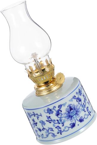 Vintage Glass Kerosene Lamp Elegant Blue and White Porcelain Hurricane Lantern for Indoor Lighting Rustic Oil Lamp for Home Decor Tea Rooms and Emergency Use in Saudi Arabia