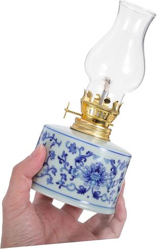 Vintage Glass Kerosene Lamp Elegant Blue and White Porcelain Hurricane Lantern for Indoor Lighting Rustic Oil Lamp for Home Decor Tea Rooms and Emergency Use in Saudi Arabia